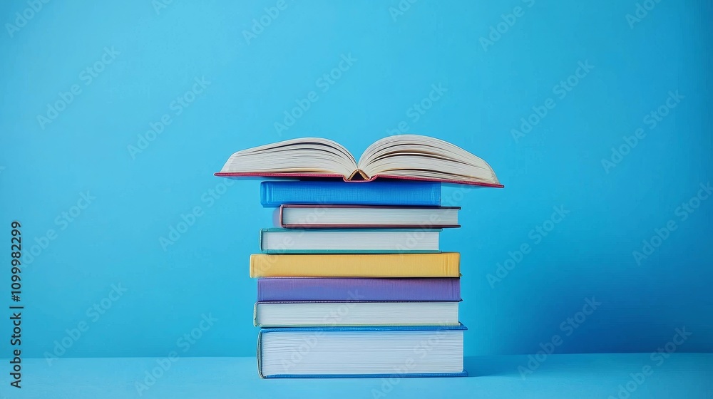 Poster goal setting discipline concept. stack of colorful books with an open book on top against a blue bac