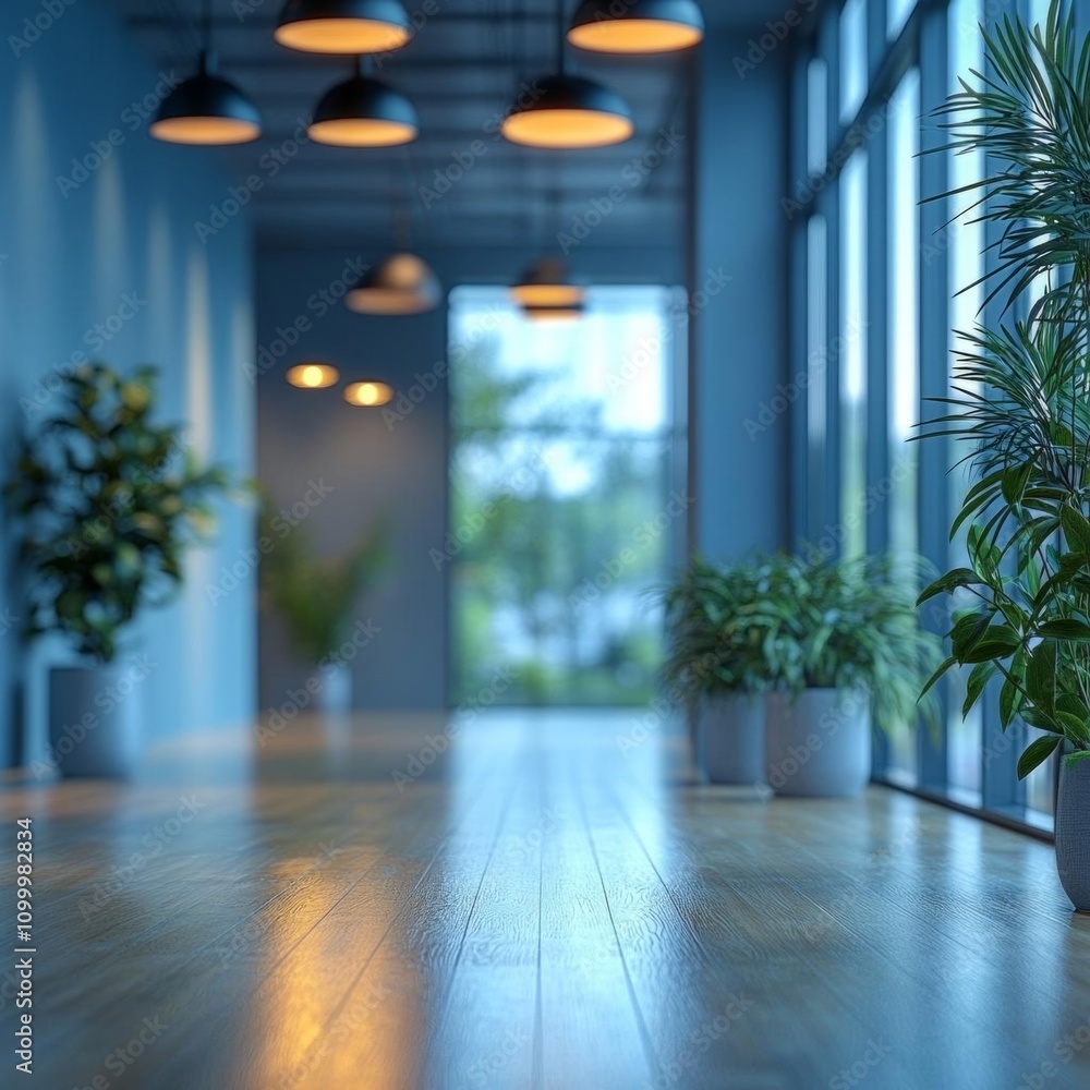 Poster blurred empty open space office. abstract light bokeh at office interior background for design.