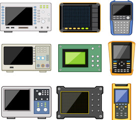 oscillograph set cartoon. signal measurement, frequency amplitude, current electronics oscillograph sign. isolated symbol vector illustration