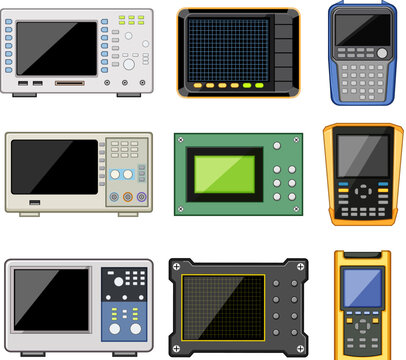 oscillograph set cartoon. signal measurement, frequency amplitude, current electronics oscillograph sign. isolated symbol vector illustration