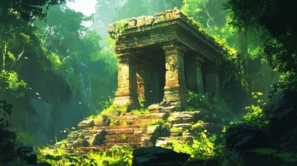 Ancient Stone Temple Overgrown By Lush Jungle Foliage
