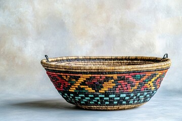 Fototapeta premium Handwoven basket with colorful patterns on neutral background