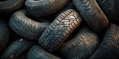 Worn and dirty rubber tires showcase a collection of old, used rubber tires, presenting their rugged texture and character, perfect for highlighting the appeal of old rubber tires in various settings.