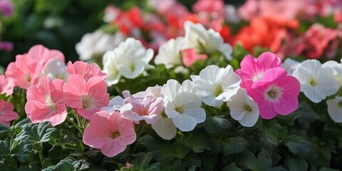 Fototapeta premium Garden flowers in shades of natural white and pink create a stunning visual display. These garden flowers, showcasing elegant hues, enhance the beauty of any garden setting with their vibrant colors.