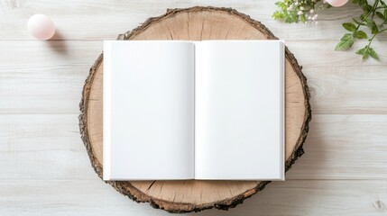 Fototapeta premium Aerial view of an open blank white magazine, tree stump in a forest with sunlight through it and fairy lights behind it, blank white book