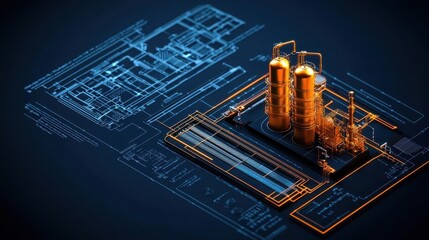Modular chemical processing unit, advanced engineering blueprint, 3D illustration