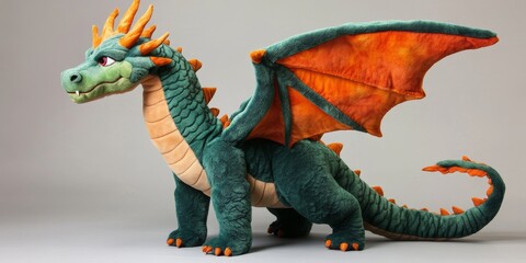 Fototapeta premium Imposing and fearsome stuffed dragon figure designed to captivate and intrigue, this big stuffed dragon showcases a vivid imagination and playful spirit, perfect for collectors and enthusiasts of