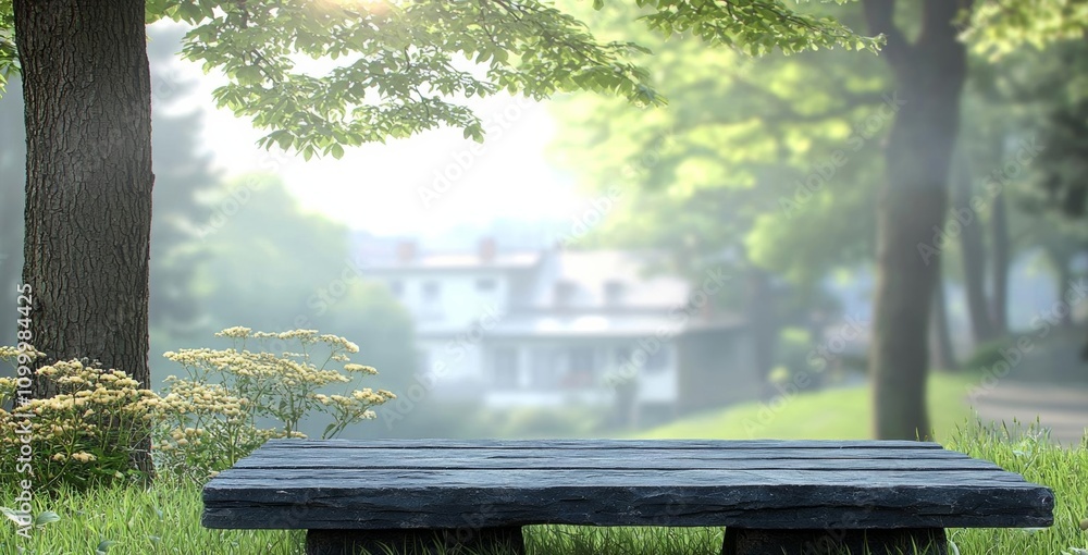 Poster empty stone table with blurred soft light factory business background