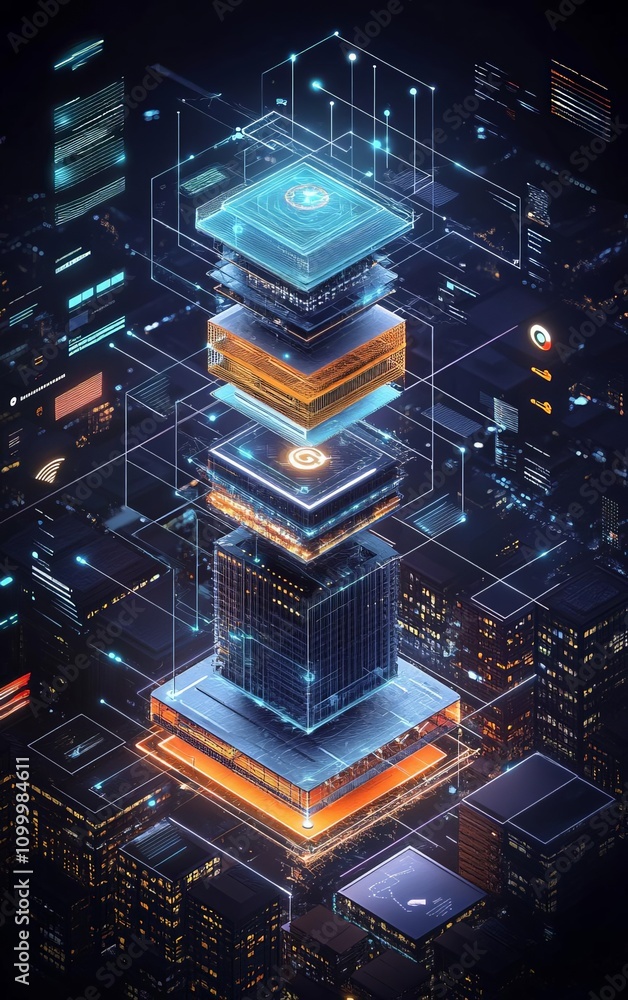 Poster a visually striking digital representation of a futuristic data tower, showcasing intricate layers a