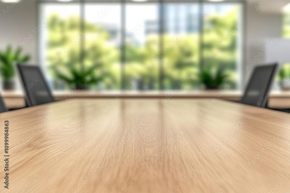 Poster empty wood table top and blur glass window wall in office building background - can used for display