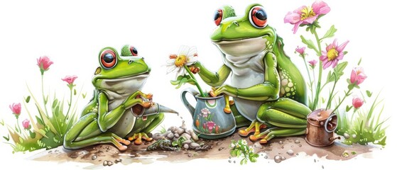 Frogs planting a flower garden