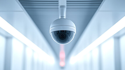 Surveillance camera in modern corridor with bright lighting, capturing security and technology