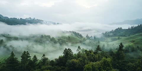 Fototapeta premium Blurry and grainy photo features a cloudy white sky, thick fog, and a view of vegetable fields on hills. The scene captures the essence of foggy hills and low light, showcasing pine trees typical of