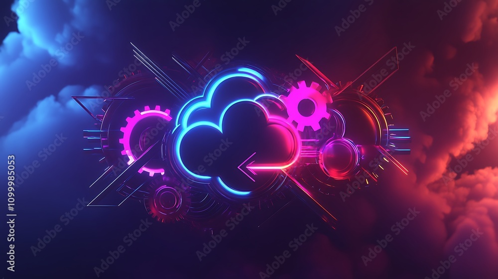 Poster neon cloud computing system gears network technology