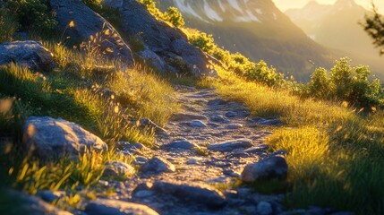 Naklejka premium A rocky trail on a mountain, bordered by grass, glows warmly as the sun sets behind the peak. The landscape is bathed in golden light, creating a peaceful scene.