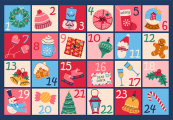 Xmas advent calendar template. Countdown to Christmas with numbers. Cute winter illustration for card, poster, kid room decor, nursery art.