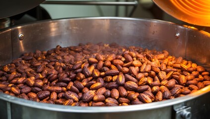 Obraz premium Close-Up of Cacao Beans in Industrial Roaster