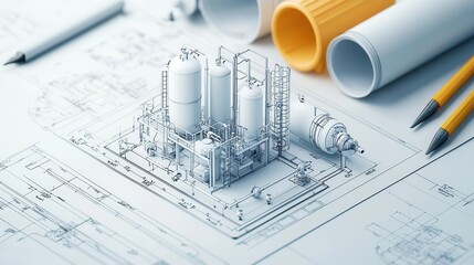 Compact chemical process skids, modular engineering blueprint, 3D illustration