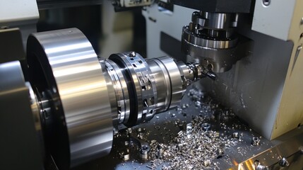 Fototapeta premium A rotor from an electric motor being machined on a lathe, with metal shavings around the setup. The lathe s turning motion and sharp tooling highlight the focus on precision engineering.