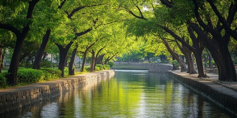 Trees lining the riverside create a serene atmosphere, showcasing the beauty of nature with vibrant greenery. These trees down by the riverside offer a perfect backdrop for relaxation and exploration.