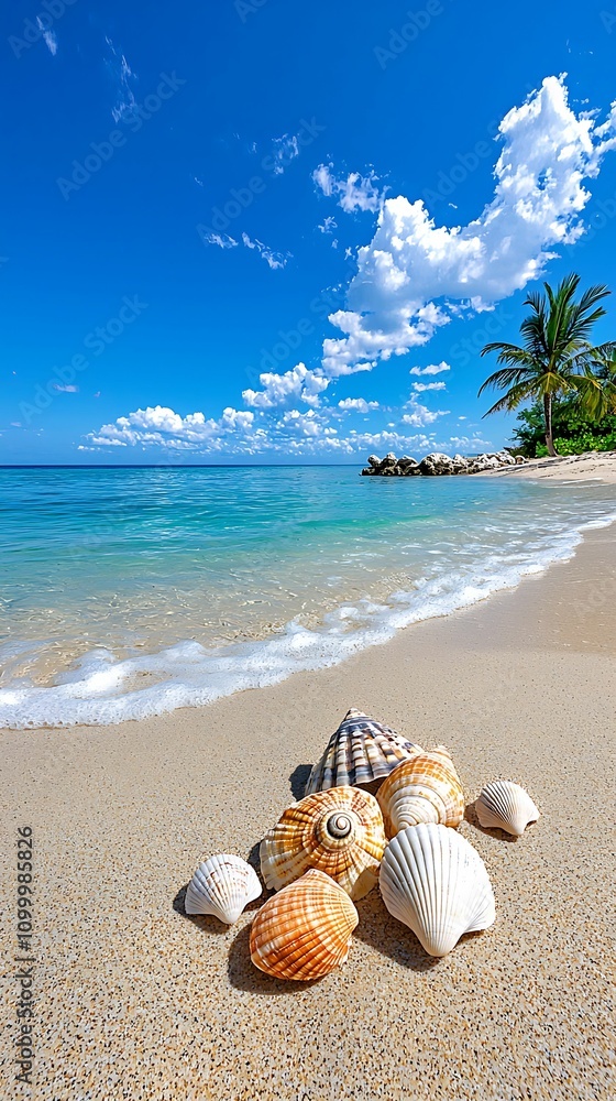Poster A serene beach scene featuring a variety of seashells on soft sand, with a clear blue ocean and a few clouds in the sky, creating a tranquil atmosphere.