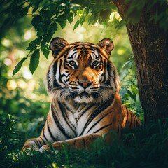Fototapeta premium A happy and healthy tiger image with the tiger sitting under a tree. The tiger has a bright orange coat with black stripes. Thebackground is a lush green forest. The sunlight filters through the leave