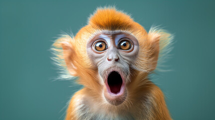 Obraz premium Surprised shocked monkey with open mouth and big eyes isolated on flat solid background