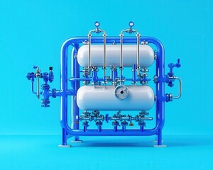 Compact water treatment unit, advanced chemical blueprint, innovative layout, 3D illustration