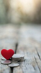 Fototapeta premium Heart symbol placed on coins representing love and finance at a decorative background