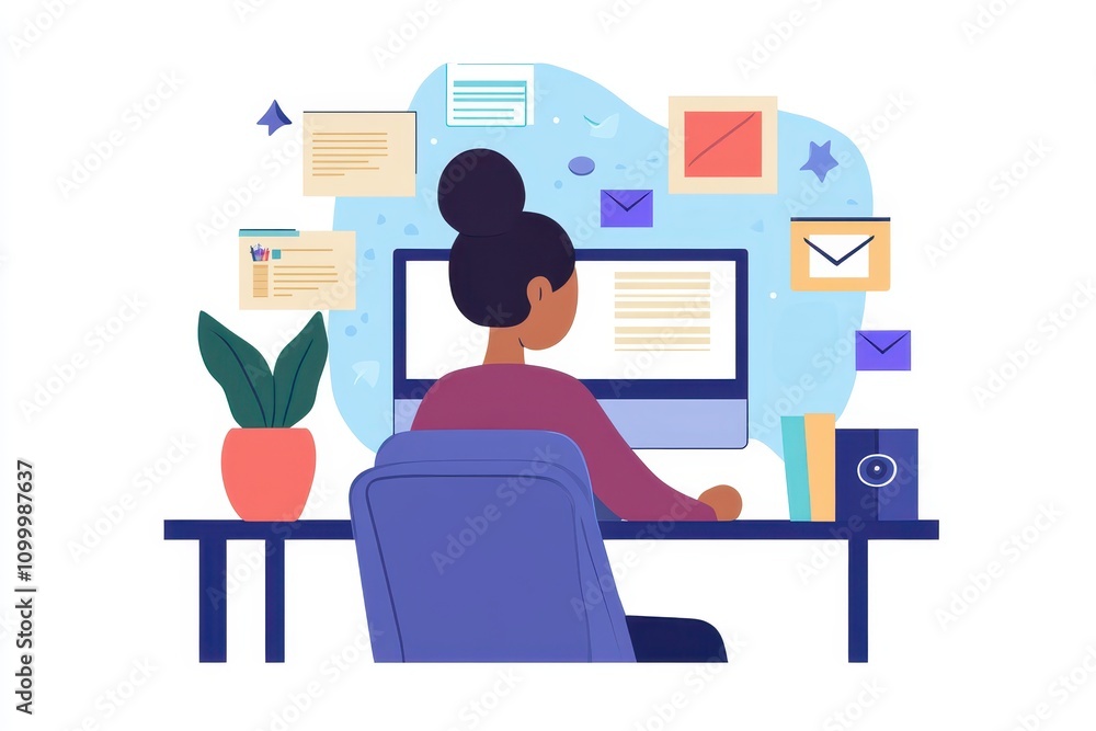Poster individual working at a desk with computer and documents in a modern home office setting
