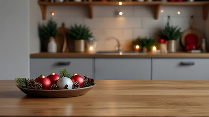Kitchen blurred background with an empty wooden table or counter, Christmas decorations, and lights, selective focus, for product presentation.