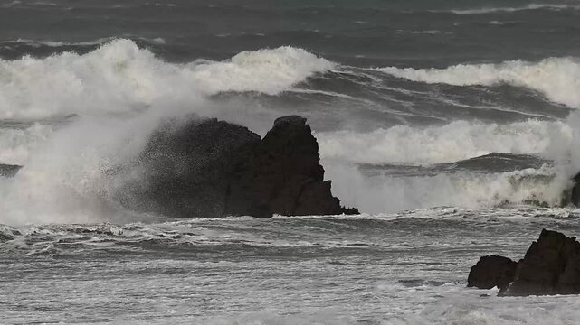 Stormy sea hits the Cornish coasline in winter