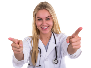 A Confident Young Blonde Doctor Enthusiastically Points at You, Radiating Positivity and Encouragement
