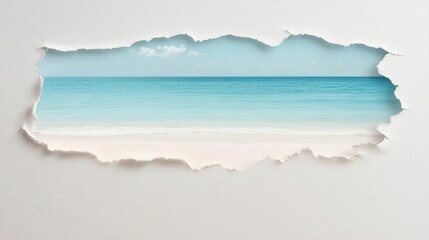 A captivating photo of a torn white paper revealing a serene and realistic tropical beach scene