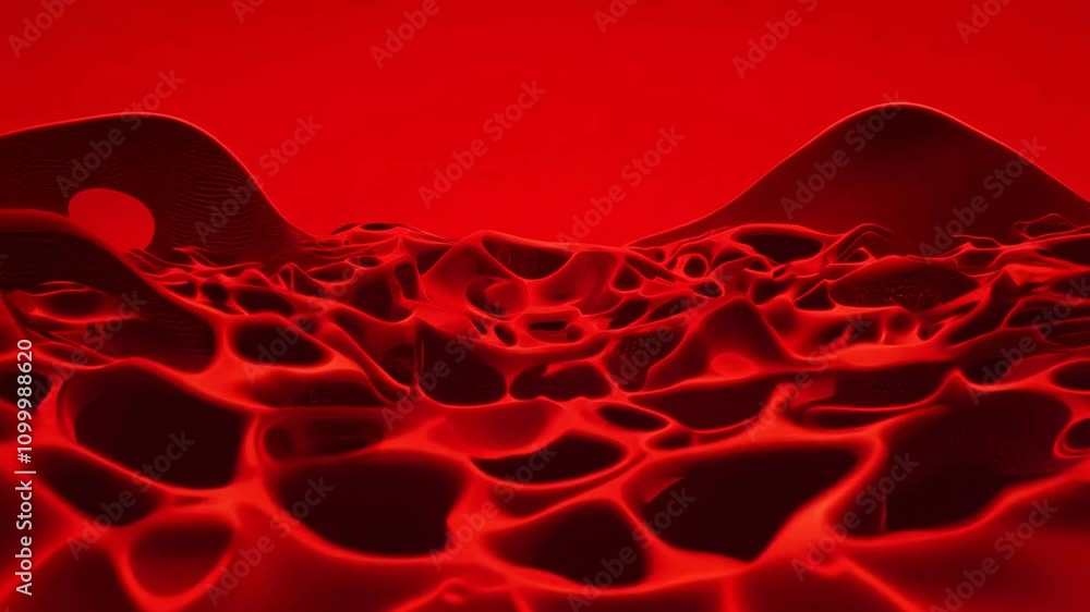 Poster camera slowly pans across red abstract organic shapes, resembling cellular structures that pulsate a