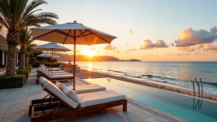 Fototapeta premium Oceanfront hotel, luxury sun loungers and beach umbrellas, sunset view over the sea, holiday, vacation, trip to the sea or ocean, all inclusive 