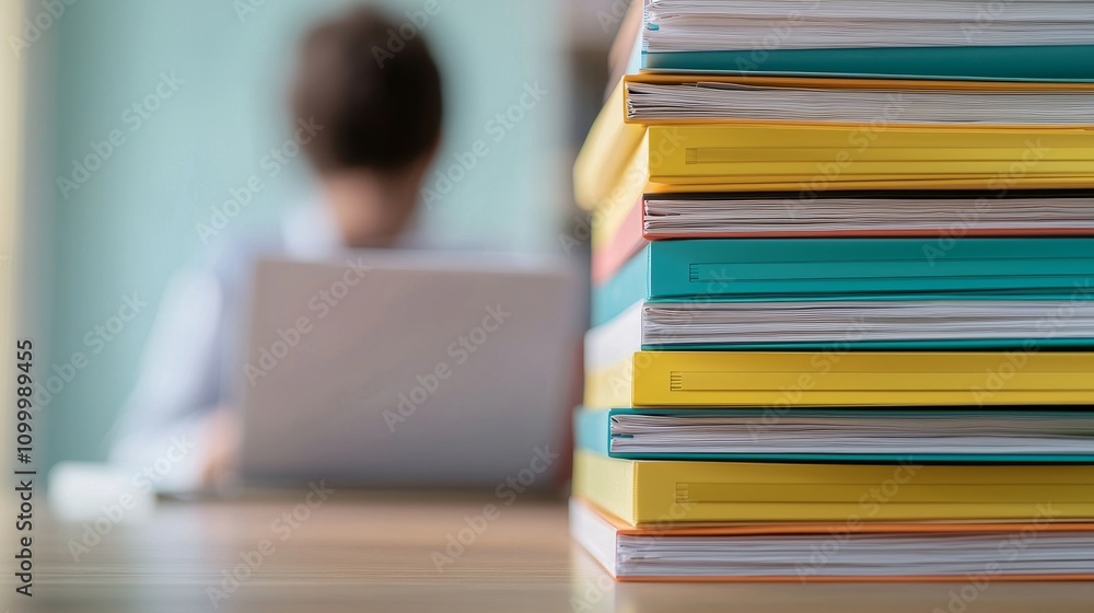 Poster burnout at the desk concept. stack of colorful files with a person working on a laptop in the backgr