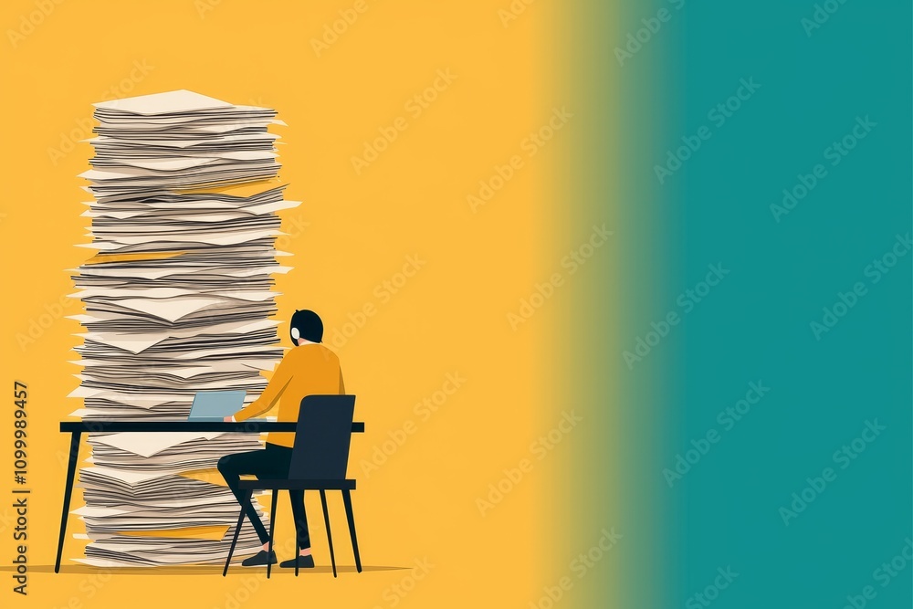 Poster burnout at the desk concept. person working at a desk with a large stack of papers in a colorful set