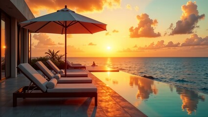 Fototapeta premium Oceanfront hotel, luxury sun loungers and beach umbrellas, sunset view over the sea, holiday, vacation, trip to the sea or ocean, all inclusive 