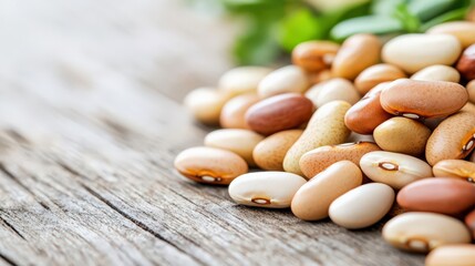 Vibrant assortment of fresh beans and legumes on rustic wooden background