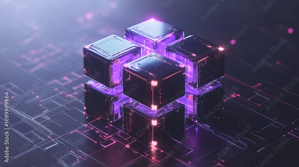Poster interlocking digital cubes: a futuristic vision of interconnected data and technological innovation.