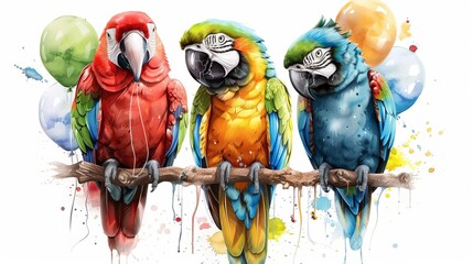 Parrots floating with helium balloons