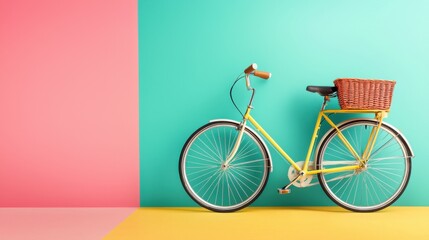 Fototapeta premium Retro Yellow Bicycle Against Vibrant Pink and Turquoise Background