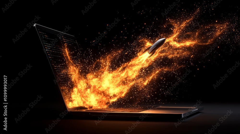 Poster innovative technology startup launch digital workspace visual art fiery environment dynamic viewpoin