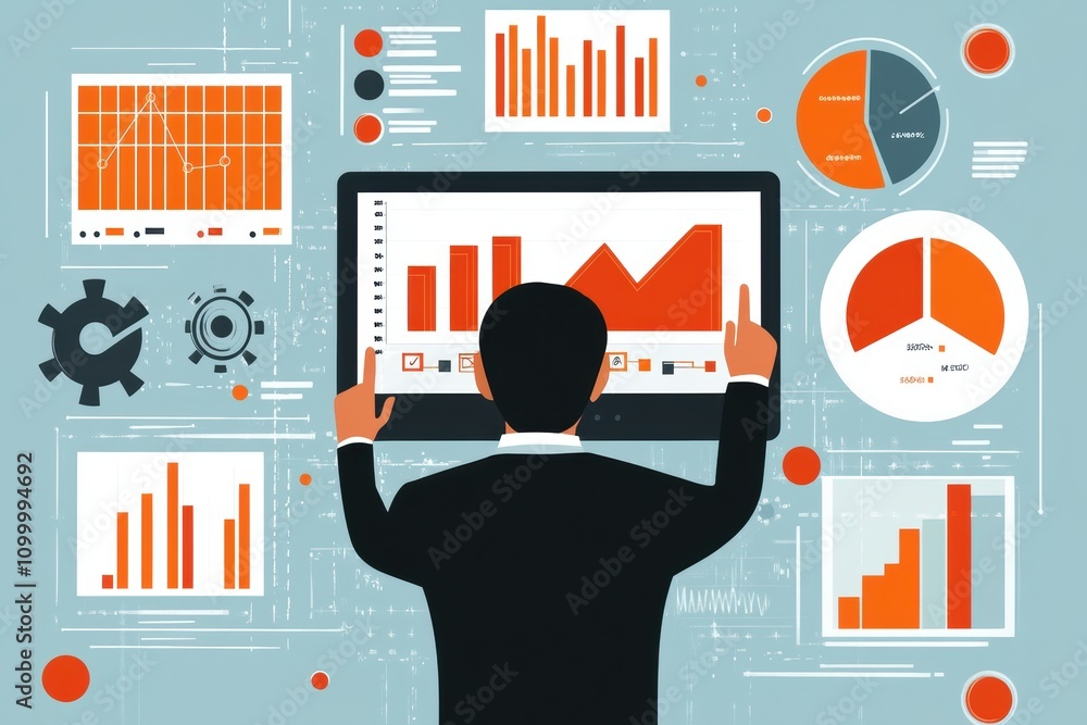 Poster a business professional analyzes data on a digital screen with various graphs and charts.