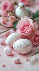 Delicate spring arrangement with pink flowers and decorative eggs featuring charming birds