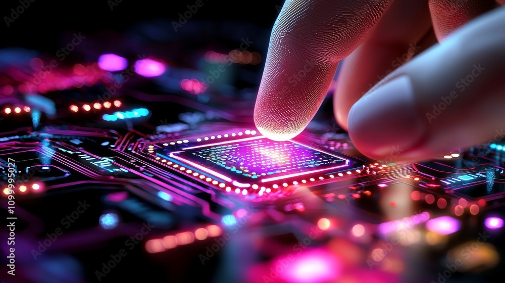Poster innovative technology interaction finger touching circuits close-up digital environment abstract con