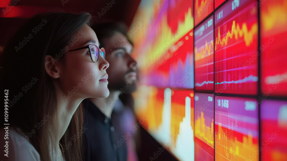 Poster team analyzing social media performance metrics with graphs and data visualizations, showcasing insi