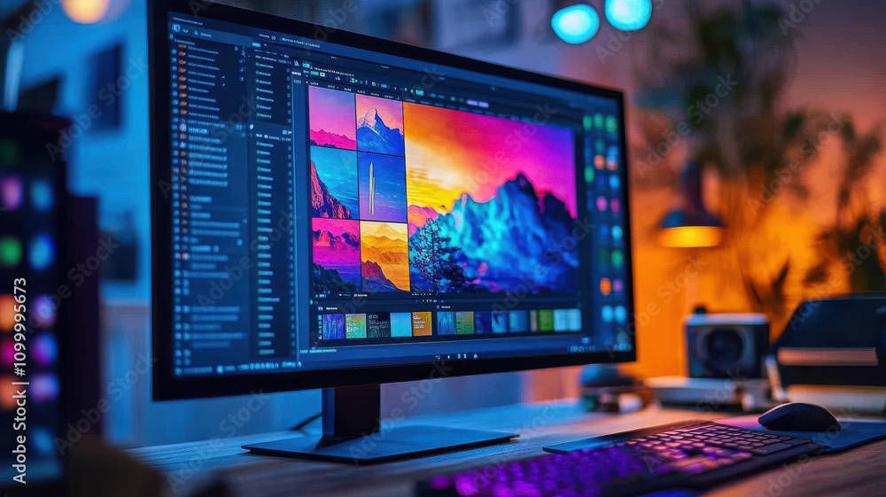 Poster close up of computer screen displaying vibrant digital artwork and editing software, showcasing crea