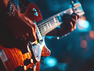 Obraz premium Electric rock guitar, instrument as a musical background. Neural network AI generated art